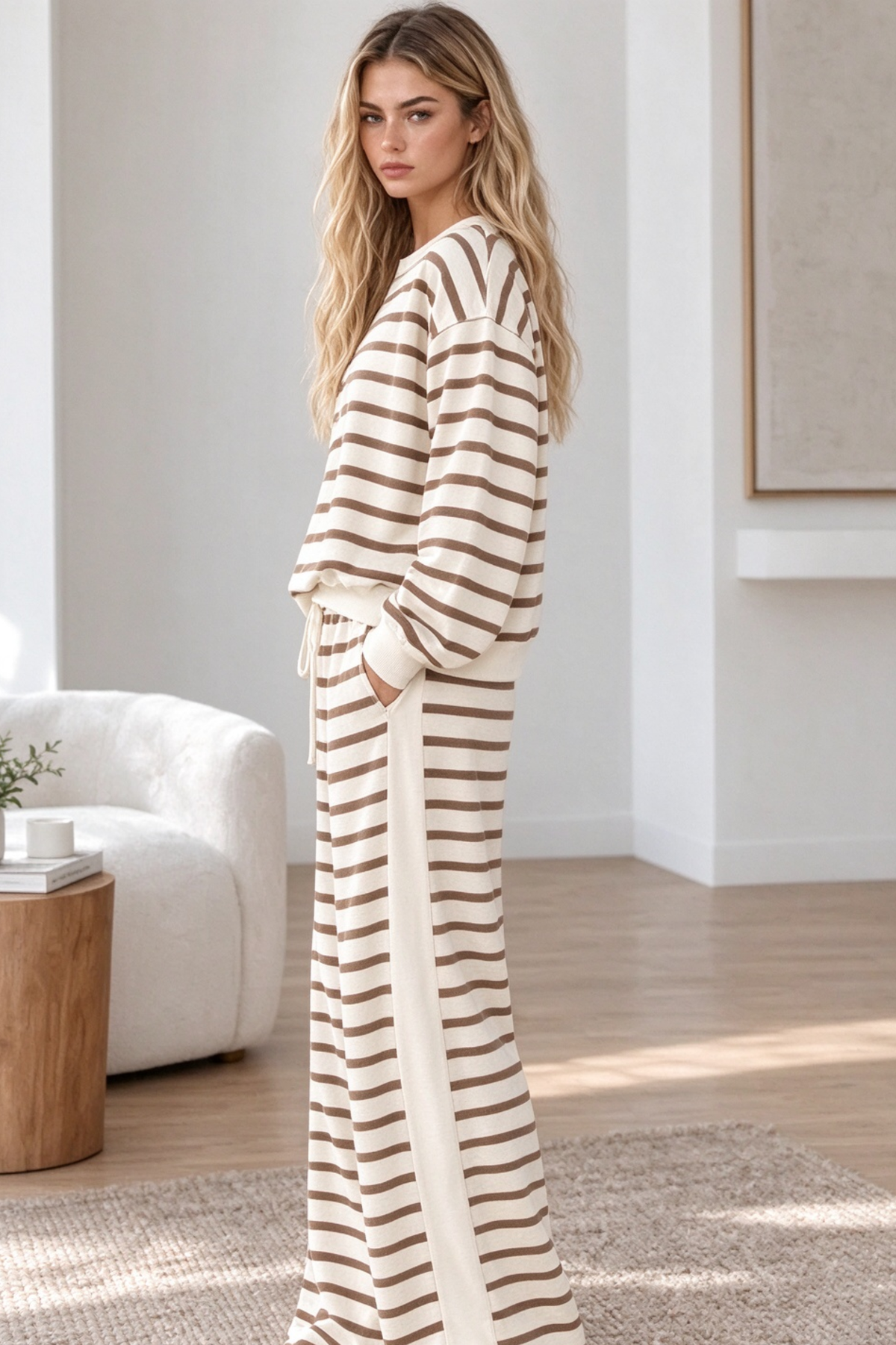 Women's Fall Striped Colorblock Drawstring 2 Piece Set