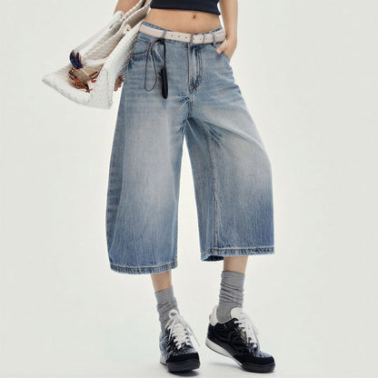 Women's Summer Gradient Washed Balloon Denim Capri Pants