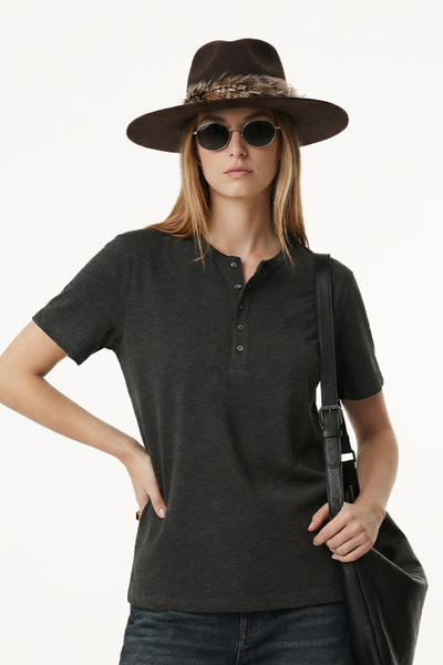 Women's Summer Button Placket Oversized Tee - Natural Fabric