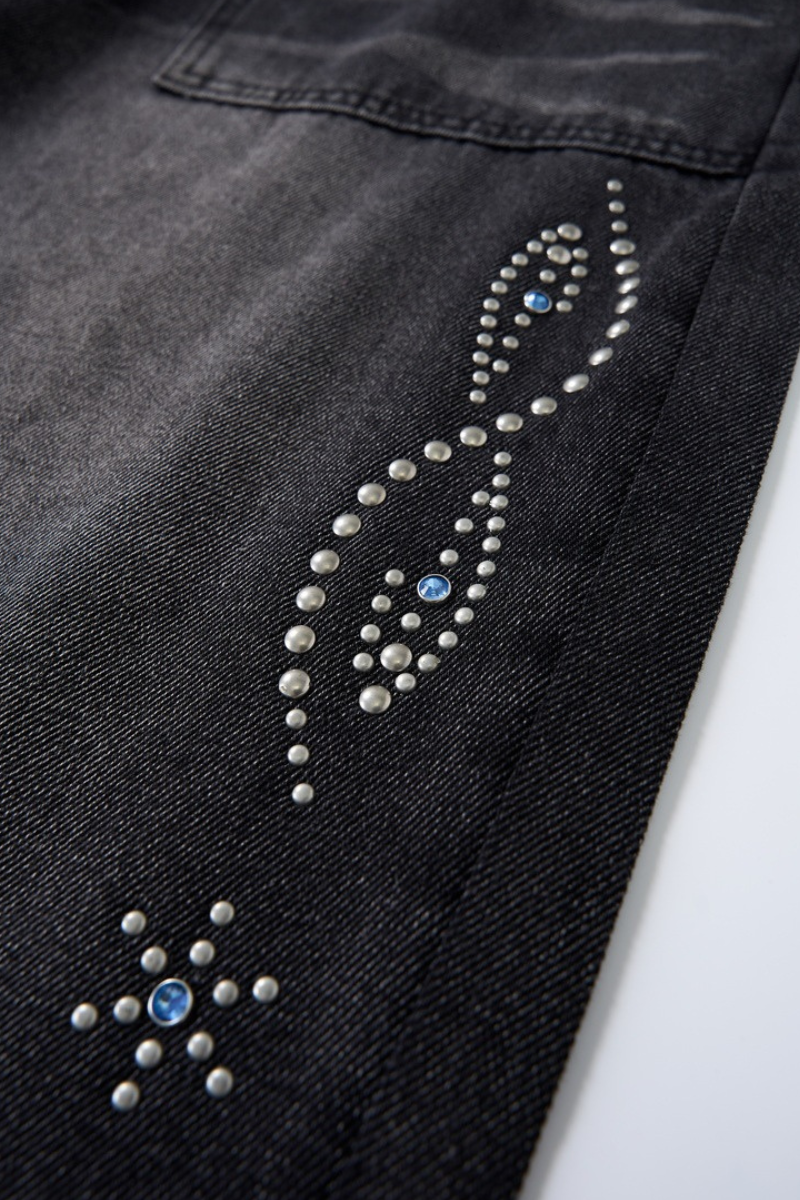 Men's Spring Summer Washed Pocket Rhinestone Wide Leg Jeans