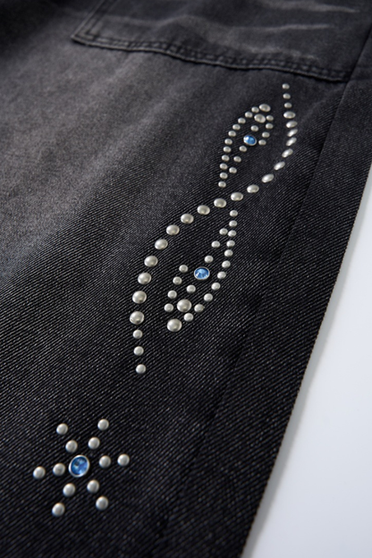 Men's Spring Summer Washed Pocket Rhinestone Wide Leg Jeans