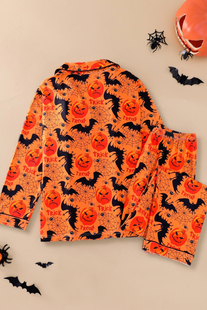 Women Fall Clothing Halloween Pumpkin Bat Web Pajama Set