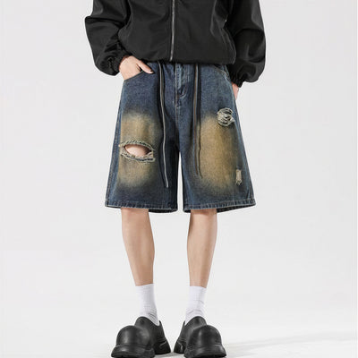 Men's Summer Gradient Ripped Drawstring Denim Shorts