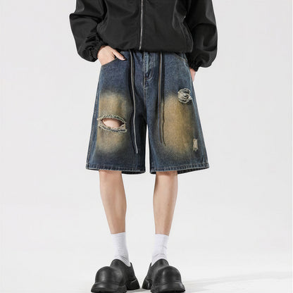 Men's Summer Gradient Ripped Drawstring Denim Shorts