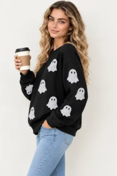 Women Fall Clothing Halloween Glitter Ghost Sweatshirt