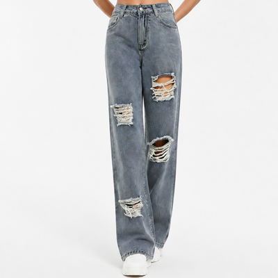 Women's High Waist Distressed Ripped Wide Leg Jeans