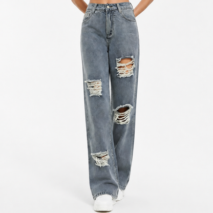 Women's High Waist Distressed Ripped Wide Leg Jeans