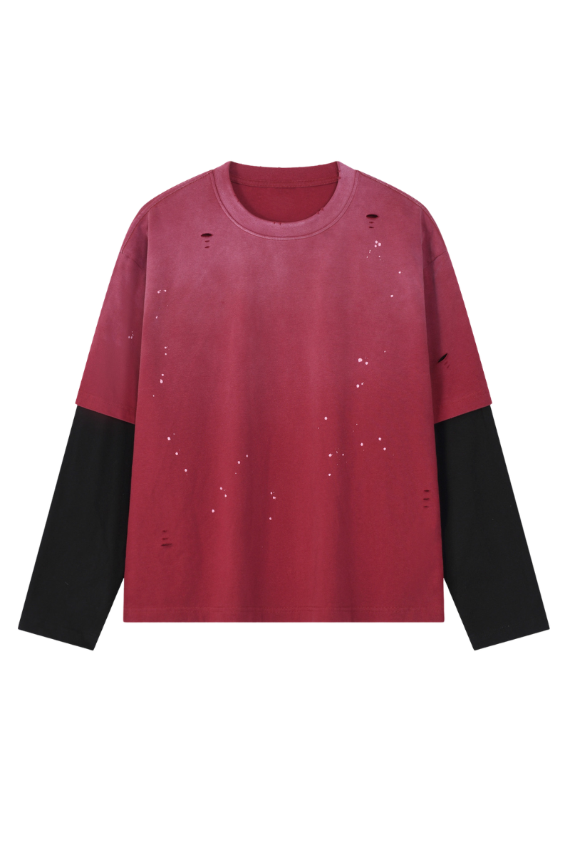 Women's Summer Distressed Layered Ripped Long-Sleeve Tee