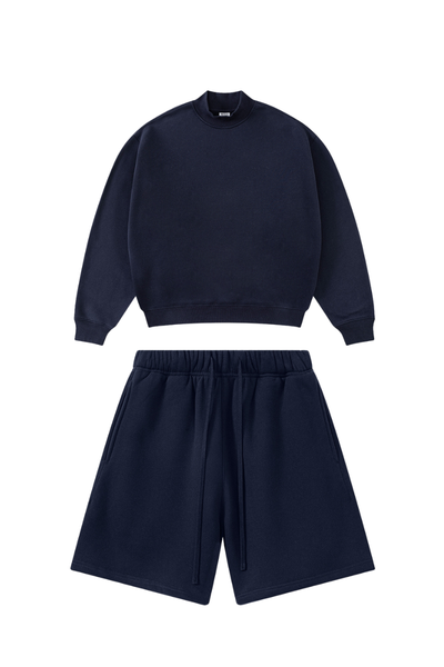 Unisex Winter Boxy Fleece Mock Neck Straight Shorts Set
