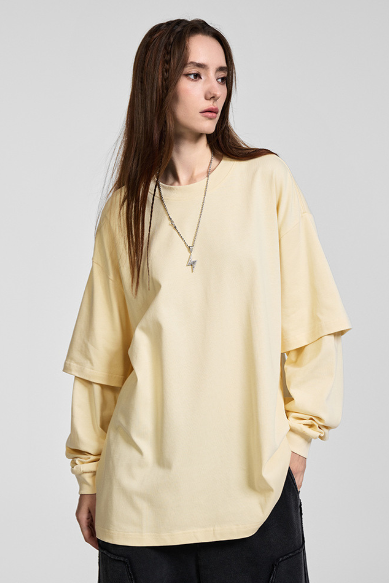 Women's Spring Summer 305g Cotton Mock Layer Long Sleeve