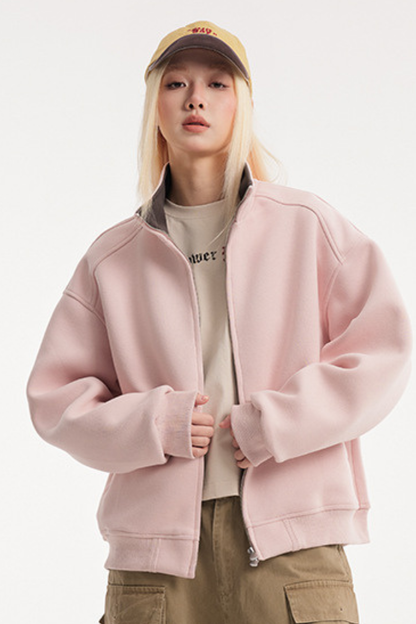 Unisex American Retro Stand Collar Zip Loose Hoodie Cleanfit