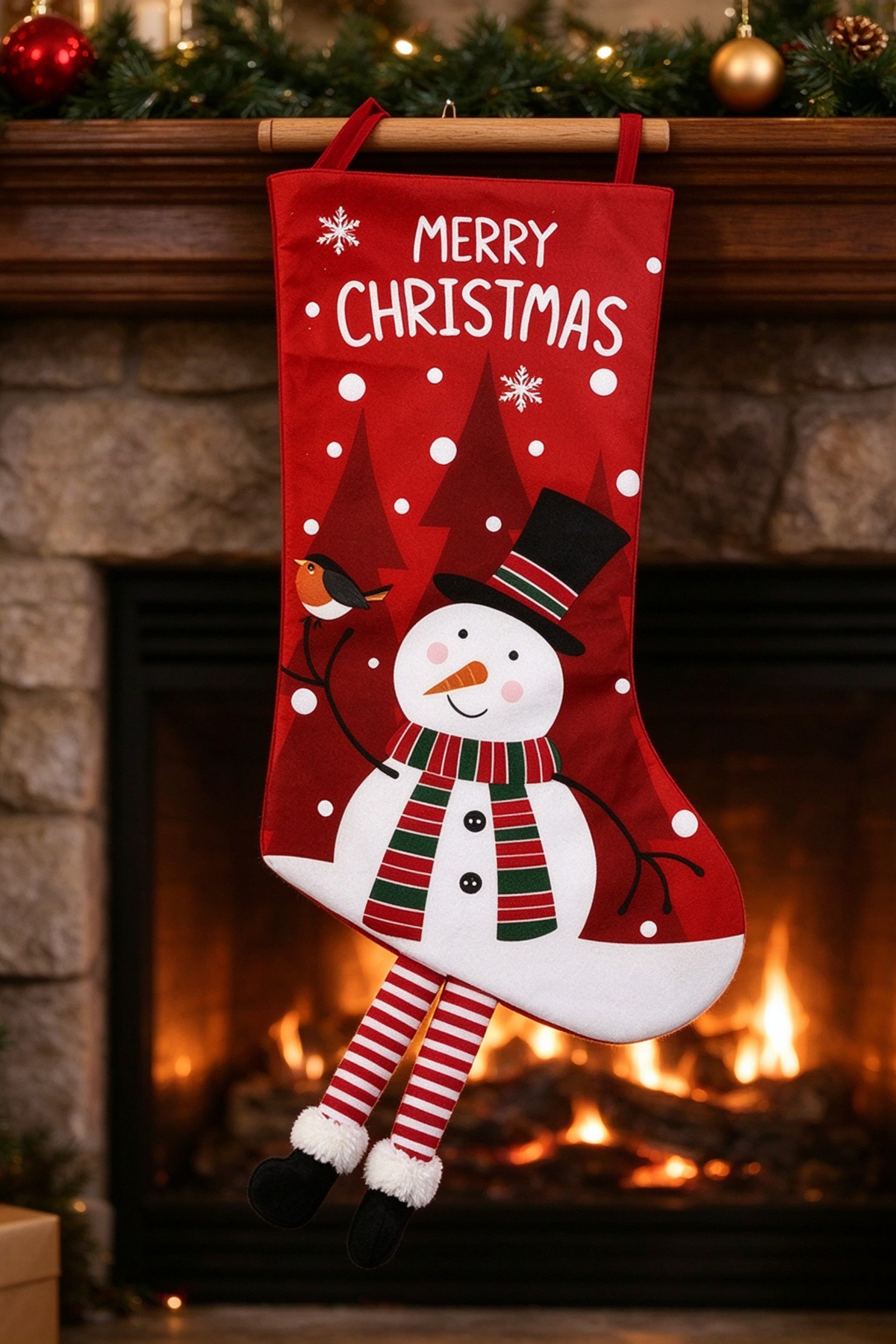 Christmas Santa Snowman Socks Fireplace Hanging Decor