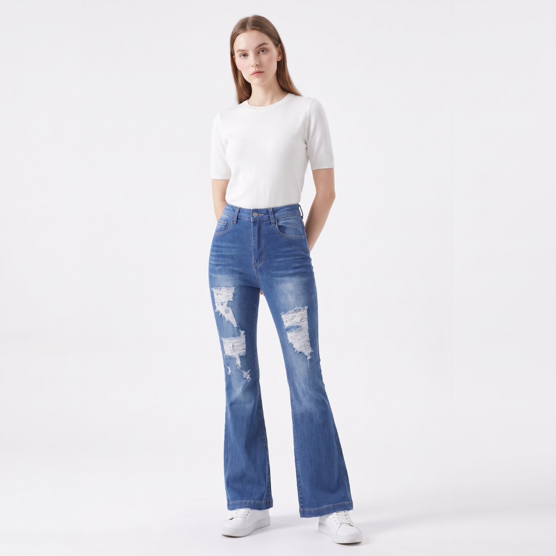 Women's High Waist Ripped Distressed Stretch Flare Jeans