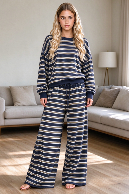 Women's Fall Cutout Striped Loose 2 Piece Set