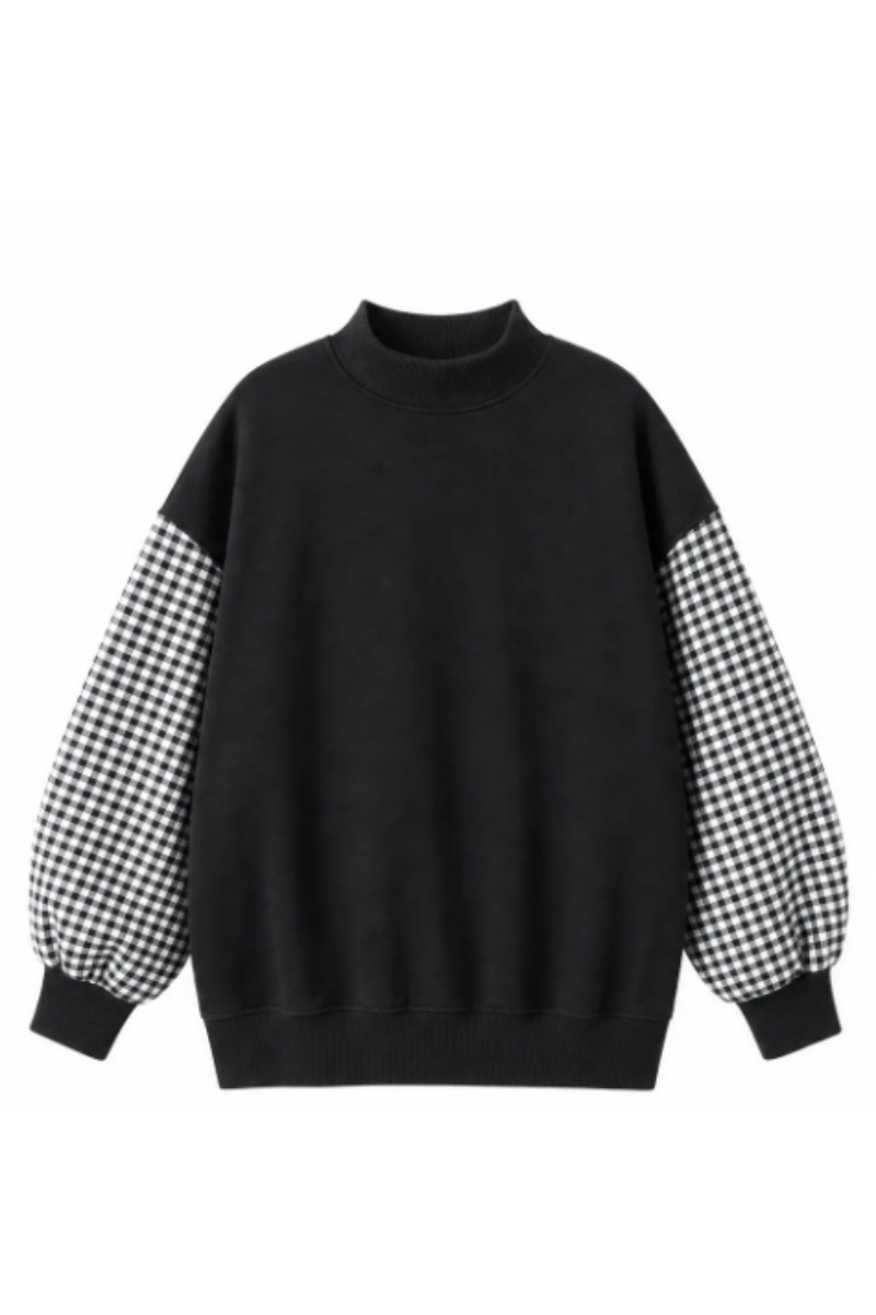 Women Fall Gingham Sleeve Mock Neck Oversized Sweatshirt