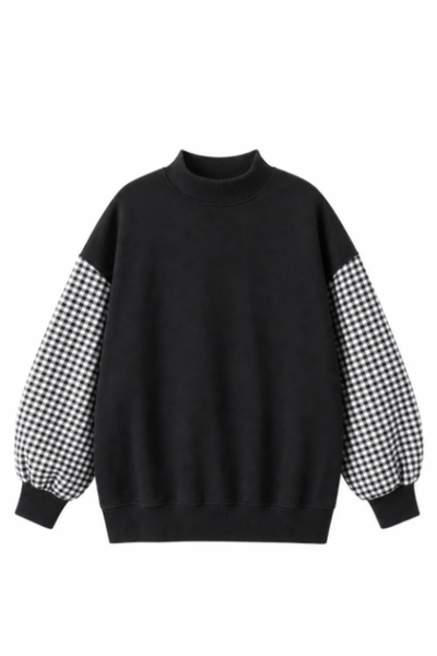 Women Fall Gingham Sleeve Mock Neck Oversized Sweatshirt