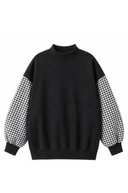 Women Fall Gingham Sleeve Mock Neck Oversized Sweatshirt