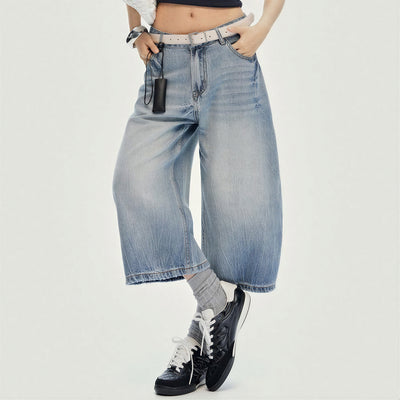 Women's Summer Gradient Washed Balloon Denim Capri Pants
