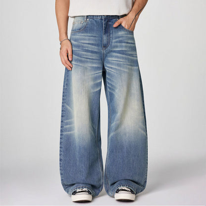 Men's Spring Gradient Blue Cat Whisker Balloon Denim Jeans