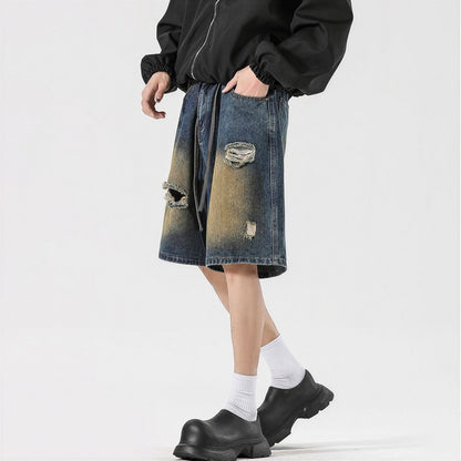 Men's Summer Gradient Ripped Drawstring Denim Shorts
