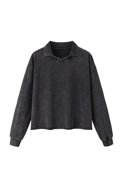 Unisex Fall Snow Wash Polo Collar Cropped Sweatshirt