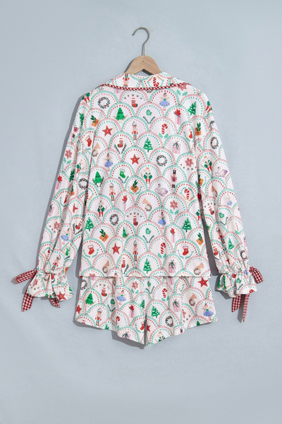 Women's Christmas Print Loungewear Set, Bow Tie Shorts