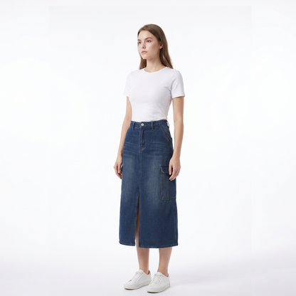Women's High Waist Front Slit Denim Midi Skirt