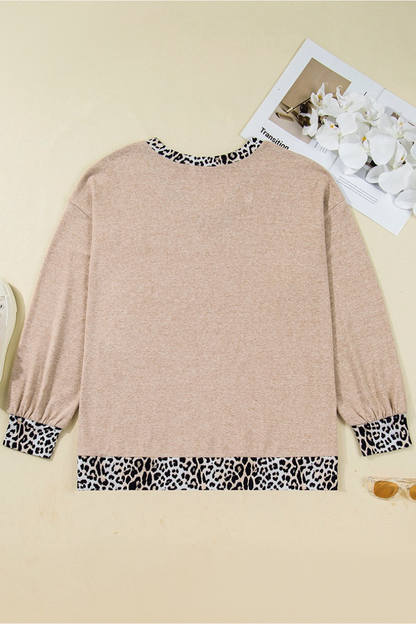 Women Fall Clothing Plus Size Leopard Trim V Neck Top