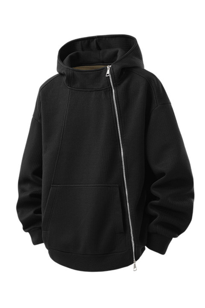 Men's Fall Winter Waffle-Knit Diagonal-Zip Loose Hoodie