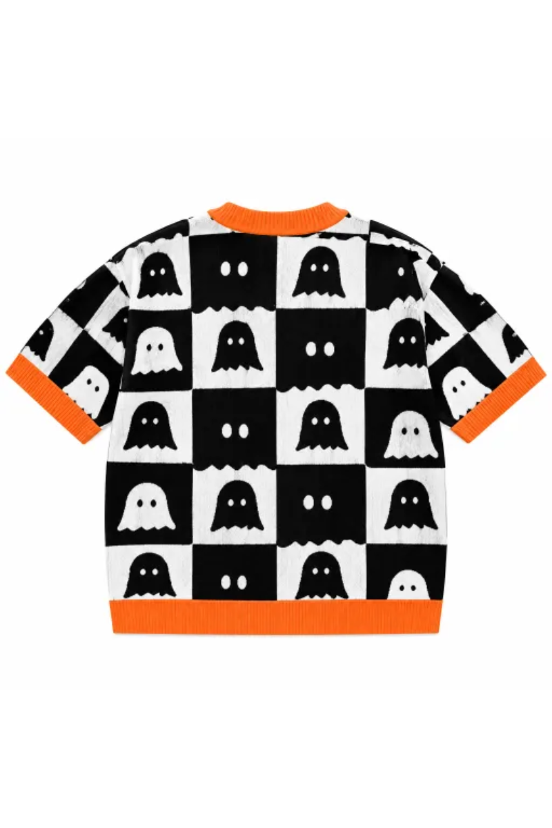 Women Fall Halloween Ghost Checkerboard Short Sleeve Top