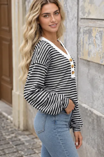 Women Spring Striped Button V Neck Long Sleeve Top