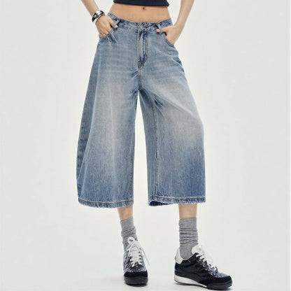 Women's Summer Gradient Washed Balloon Denim Capri Pants