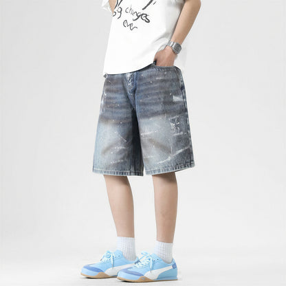 Men's Summer Gradient Splash Ink Washed Baggy Denim Shorts