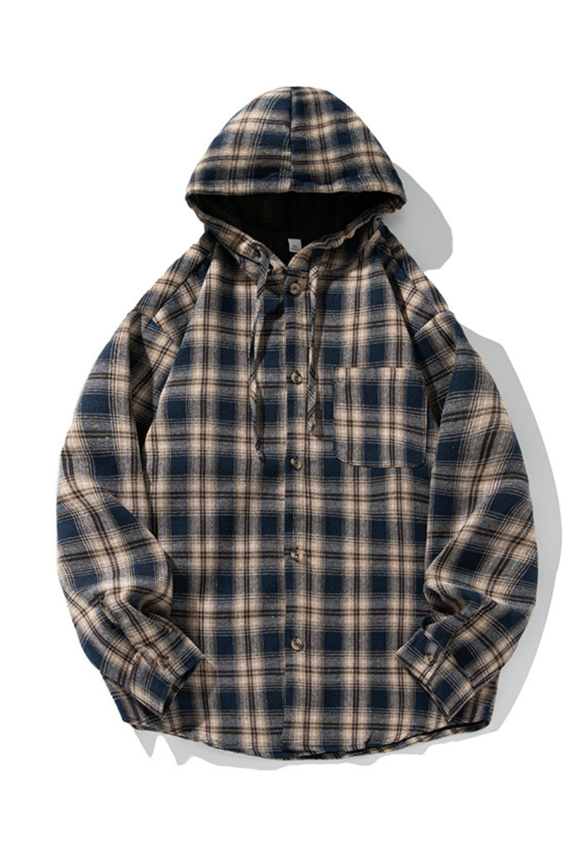 Unisex Spring Vintage Hooded Plaid Button-Down Overshirt