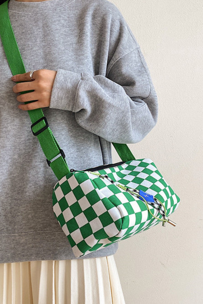 Women Fall Checkered Canvas Cylinder Crossbody Bag