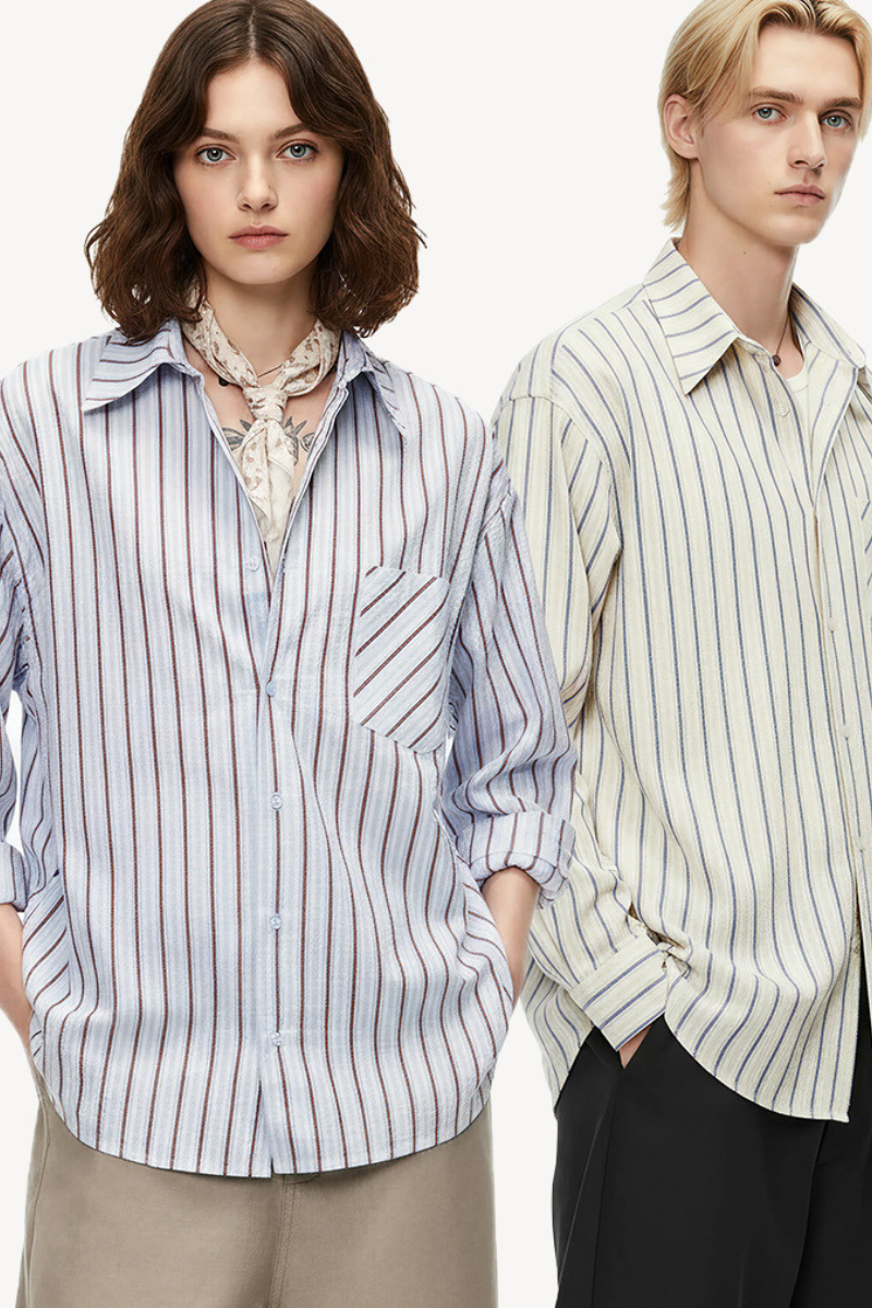 Unisex Spring Cotton Stripe Set-in Long Sleeve Retro Shirt