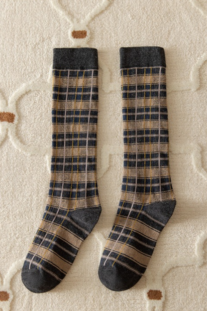 Women Fall Vintage Plaid Stretch Knee High Dress Socks