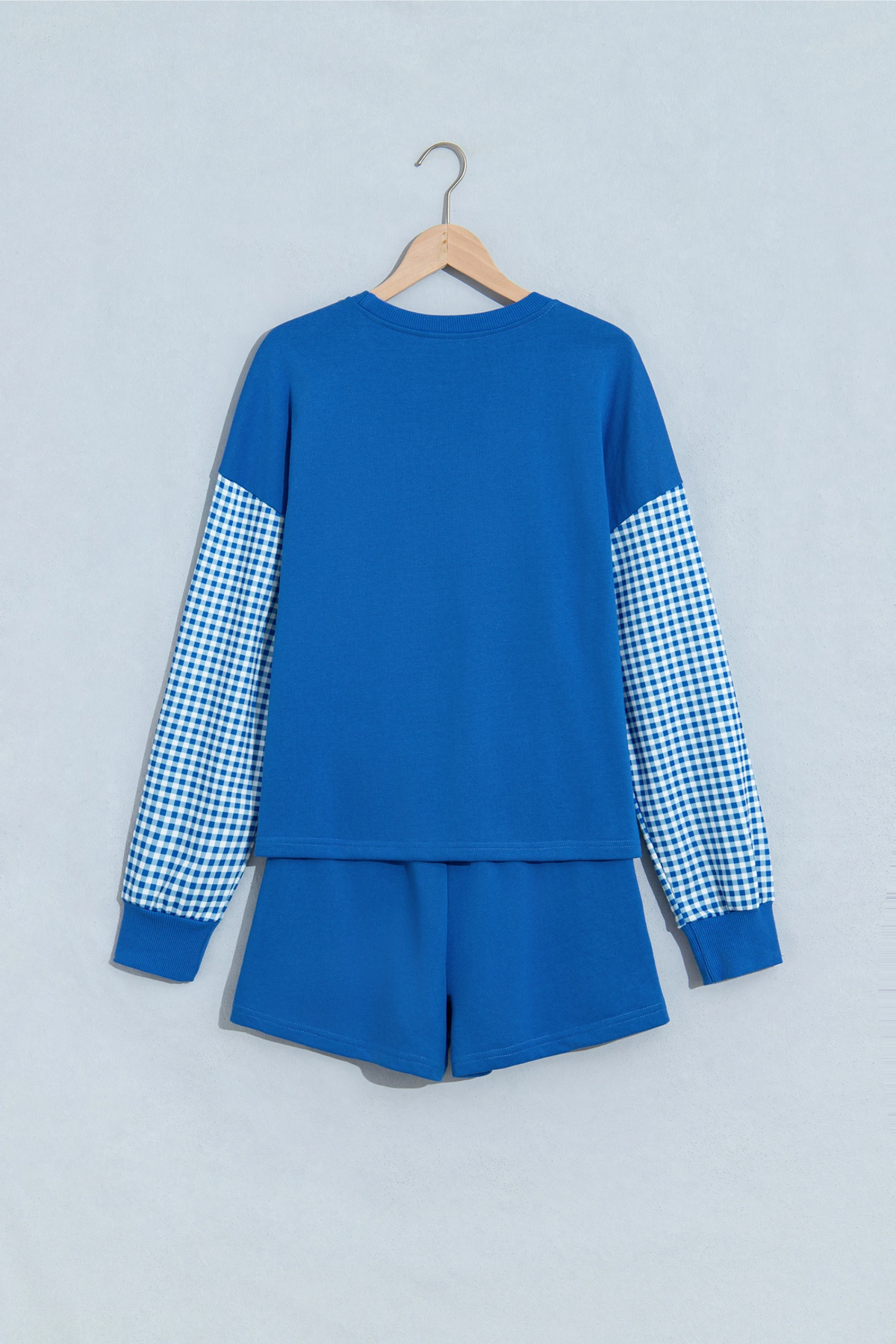 Women Spring Gingham Sleeve Sweatshirt Pocket Shorts Set