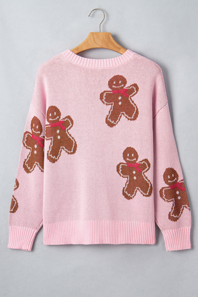 Women's Fall Christmas Gingerbread Print Crew Knit Sweater