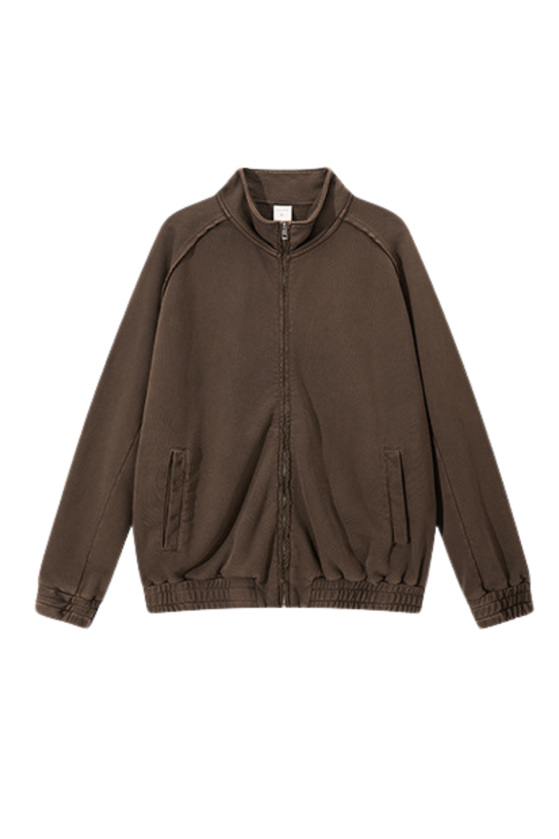 Unisex Fall Clothing Washed Raw Edge Zip Sweatshirt Jacket