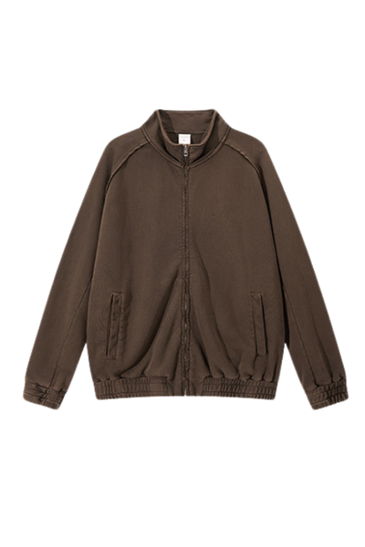 Unisex Fall Clothing Washed Raw Edge Zip Sweatshirt Jacket