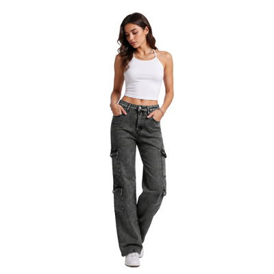 Women's High Waist Cargo Straight Jeans