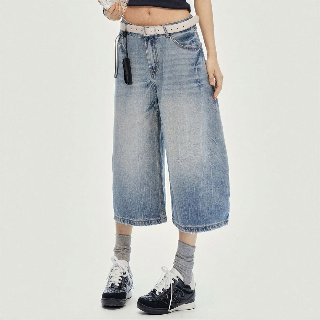 Women's Summer Gradient Washed Balloon Denim Capri Pants