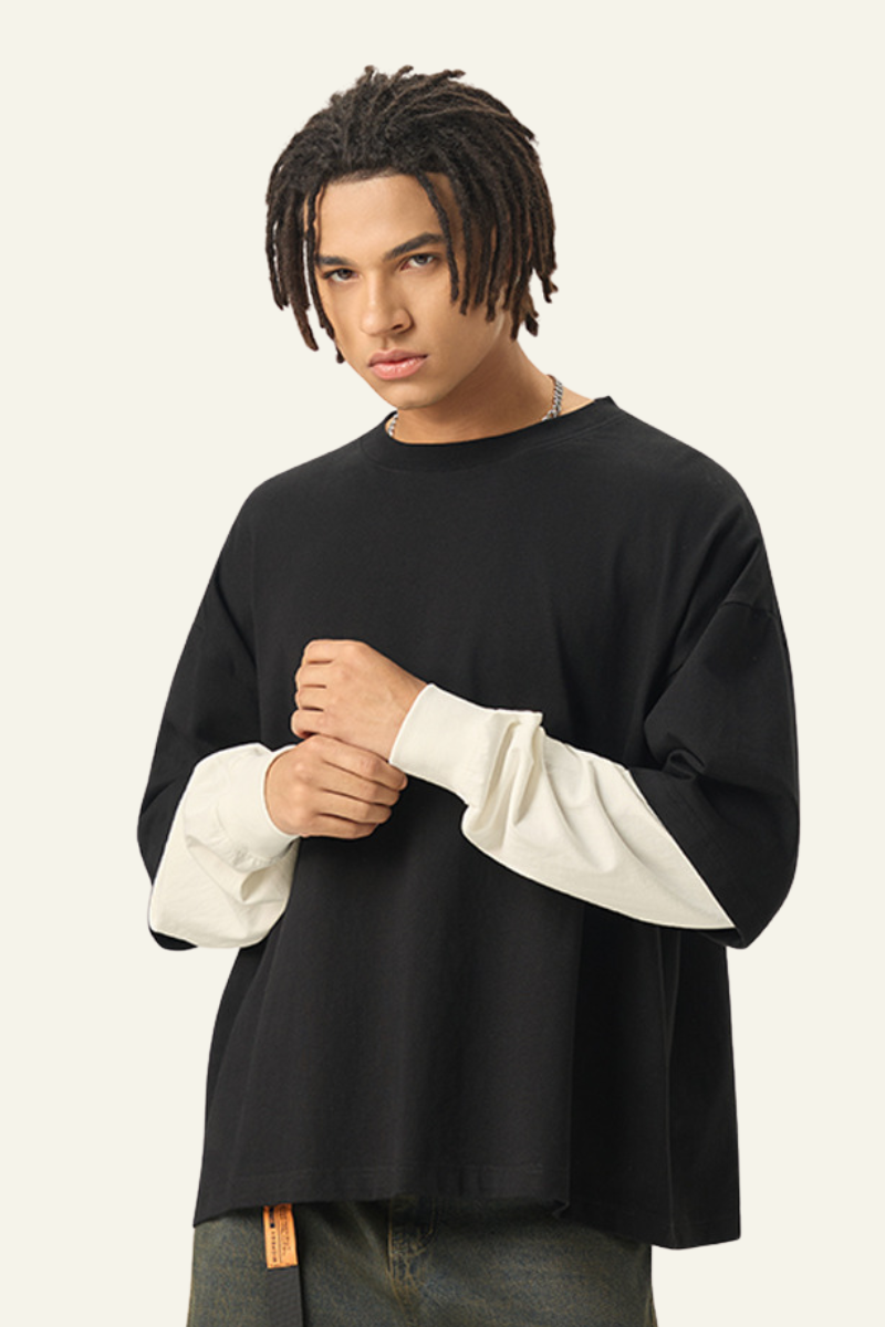 Men's  Cotton  Faux-Two-Piece Long Sleeve T-shirt