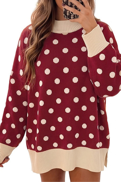 Women Fall Clothing Christmas Polka Dot Mock Neck Sweater