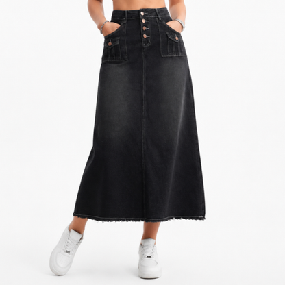 Women's High Waist Button Fly Denim Maxi Skirt