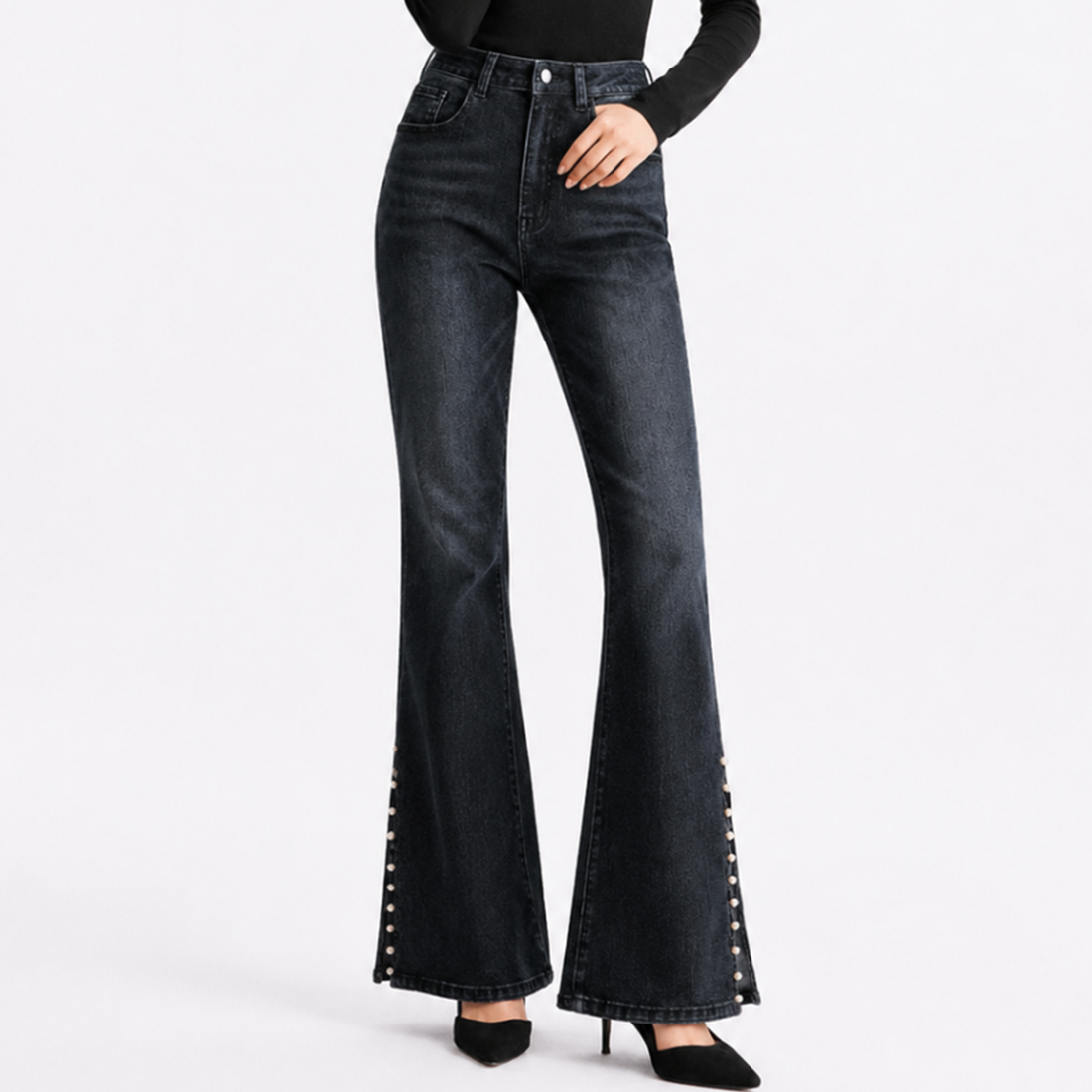 Women's High Waist Flare Jeans with Side Pearl Details