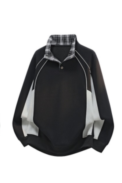Men Fall Plaid Collar Snap Button Color Block Sweatshirt
