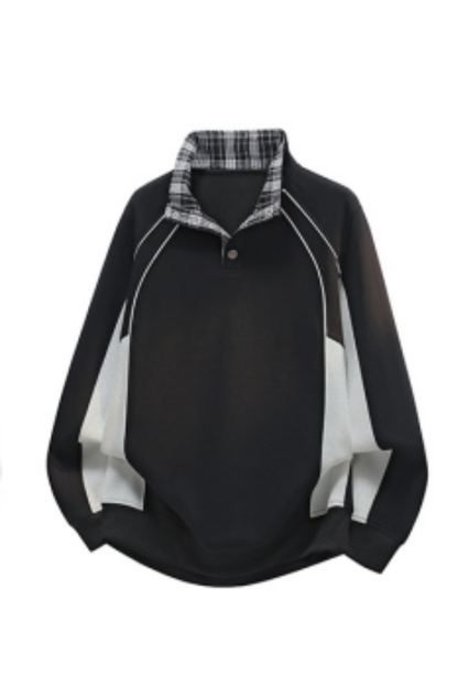 Men Fall Plaid Collar Snap Button Color Block Sweatshirt