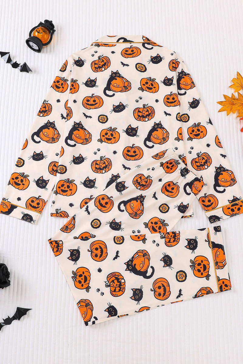 Women Fall Clothing Halloween Pumpkin Cat Pajama Set